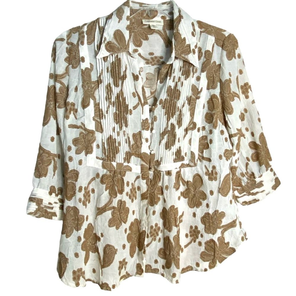 Coldwater Creek Brown and White Floral Print Sheer Top Size PL Country Cottage